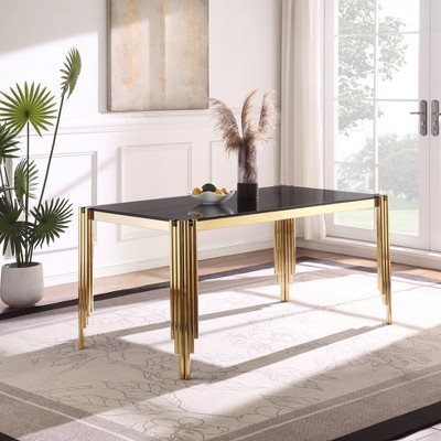 Vynxaria 65" Rectangle Glass Dining Table, Tempered Glass Tabletop & Polished Gold Legs, Modern Style for Home, Kitchen, Dining Room
