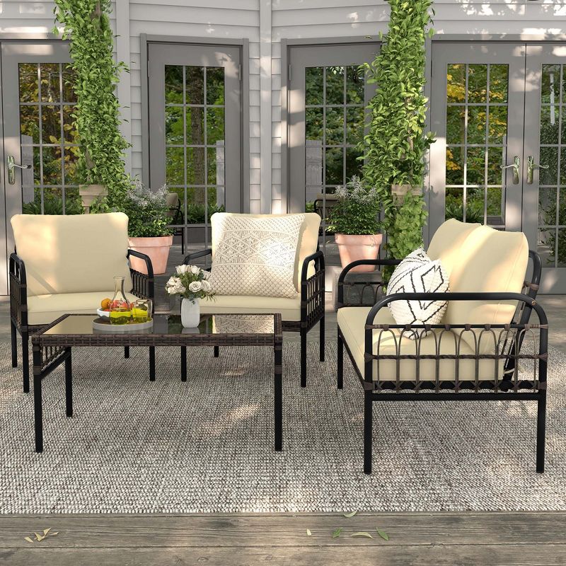 Costway 4 PCS Patio Furniture Set Outdoor Wicker Conversation Bistro Set with Soft Cushions, 2 of 11
