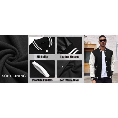 COOFANDY Mens Fashion Varsity Jackets Leather Sleeve Slim Fit College Baseball Letterman Bomber Coat Black M — фото 6