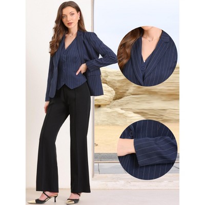 INSPIRE CHIC Women's Pinstripe Notched Lapel One-Button Office Workwear Suit Jacket Blazer Large Dark Blue — фото 2