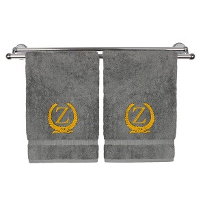 BC BARE COTTON Monogrammed Hand Towel, 100% Turkish Cotton - Set of 2 - Gray - Gold Wreath - 1 of 4