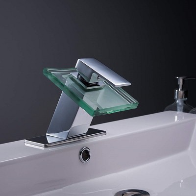 Polished Chrome Glass Spout Single-Handle Low-Arc Bathroom Faucet