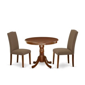 Round Dining Table Set - 36 Inch Table & 2 Chairs - Linen Fabric - Dark Coffee Finish - 1 of 4