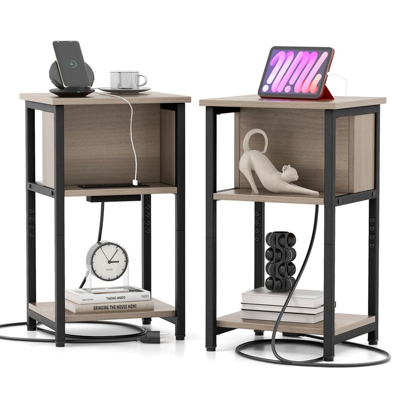 Costway 1/2 PCS Nightstand 3-Tier End Table with Charging Station USB Ports & Power Outlets Grey & Black, 1 of 10