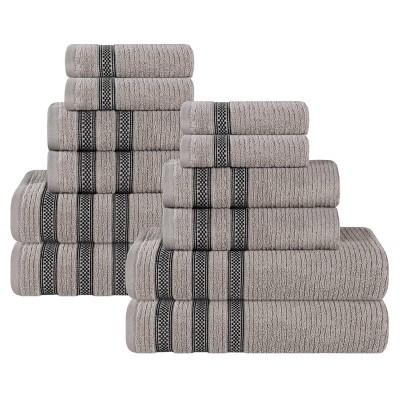 Zero Twist Cotton Ribbed Modern Geometric Border Assorted 12 Piece Bathroom Towel Set by Blue Nile Mills