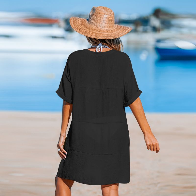 Women's Black Drop Shoulder Short Sleeve Mini Cover-Up Dress - Cupshe, 4 of 6