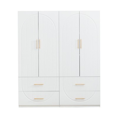 Keloyid White Wood 62.99 in. Armoire with 4 Drawers, 4 Shelves, Golden Handles and Hanging Rods