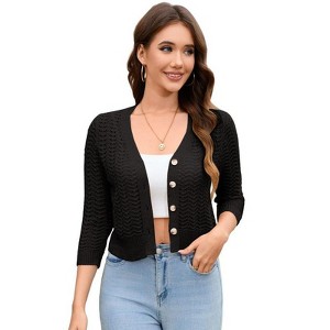 Coolmee Women's 3/4 Sleeve Crochet Button Cardigan Cropped Shawl Lightweight Sweater Top - 1 of 4