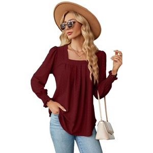 Water-Soluble Hollow Jacquard Pleated Square Neck Long Sleeve Tailcoat Solid Color T-Shirt Top - 1 of 4
