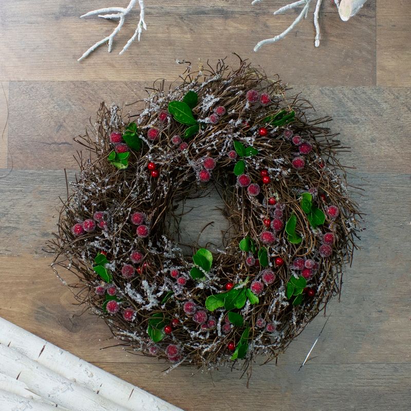 Northlight 13" Unlit Frosted Brown Twig Artificial with Leaves and Berries Christmas Wreath, 2 of 5