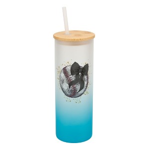 Elanze Designs 25 Ounce Frosted Glass Gradient Travel Tumbler With Straw and Wooden Lid, Baseball With Black Bow Sky Blue - 1 of 1