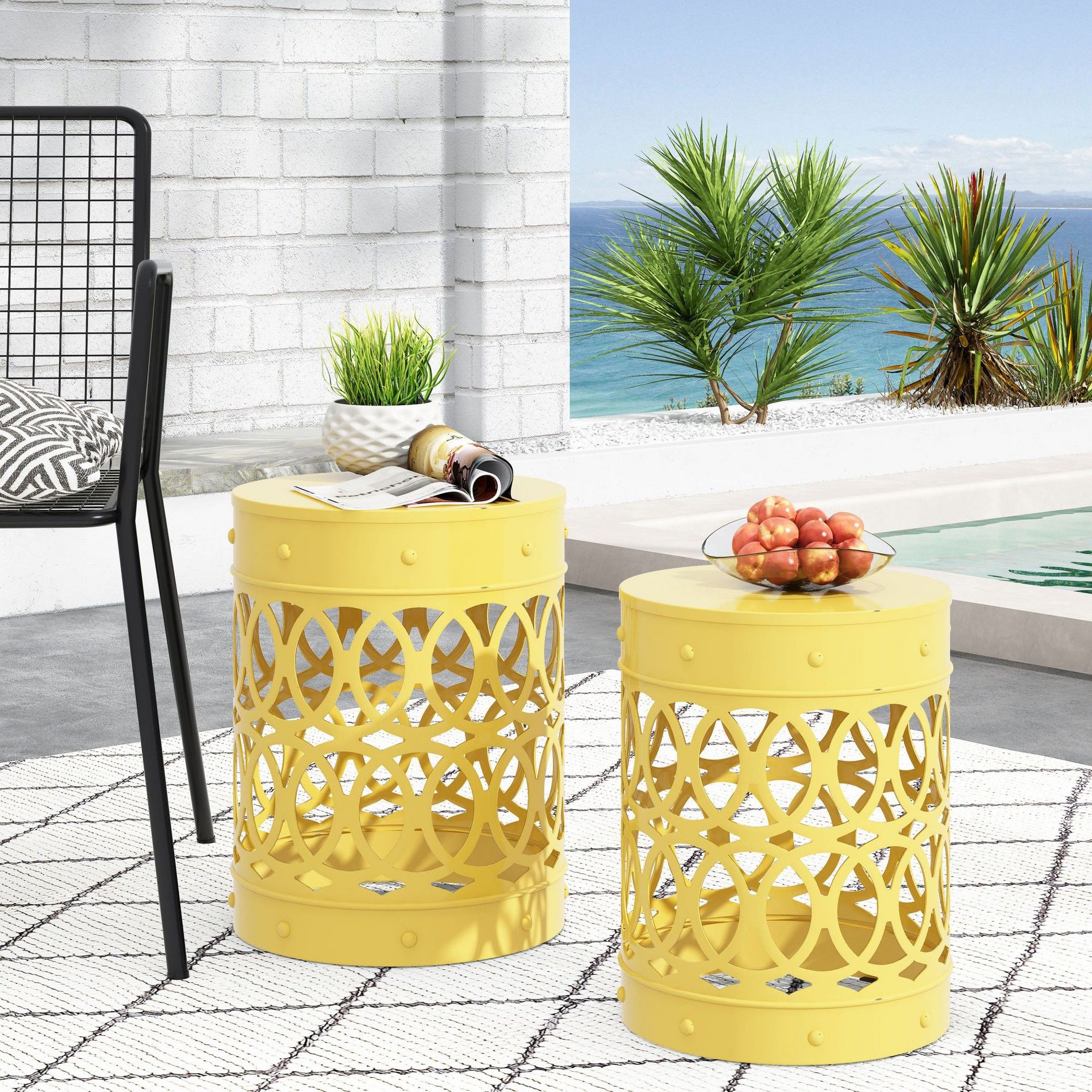 TUYOHW Round Patio End Table,Metal Patio Side Table for Backyard,Pool, Indoor Companion,Durable and Rustproof,Yellow,2PC