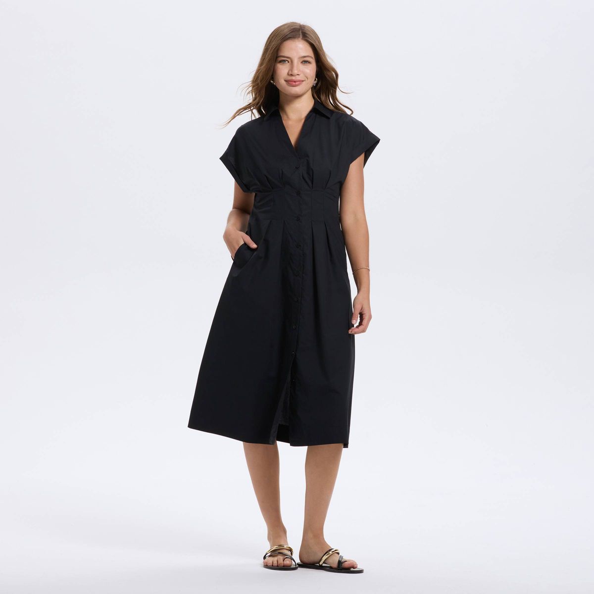 Women's Short Sleeve Pleated Midi Shirtdress - A New Day™