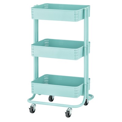 Teal 3-Tier Metal Rolling Utility Cart with Mesh Baskets