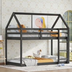 NicBex Twin over Twin Bunk Bed Low Height Wooden Bed Frame House Shape Design with Ladder and Full Length Guardrail, No Box Spring Required - 1 of 4
