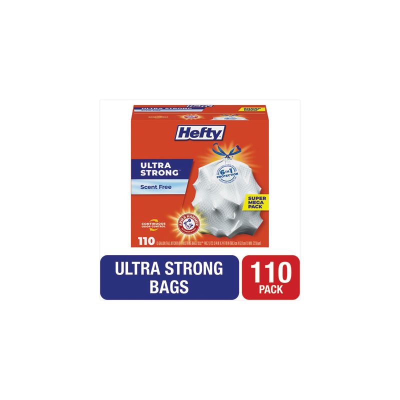 Hefty Ultra Strong Tall Kitchen and Trash Bags, 13 gal, 0.9 mil, 23.75" x 24.88", White, 110/Box, 1 of 6