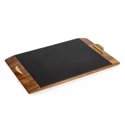 Picnic Time Covina Acacia Wood and Slate Black Serving Tray with Gold Accents