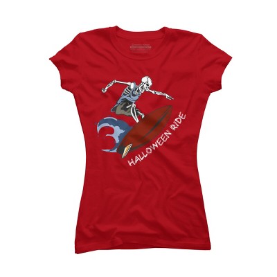 Junior's Design By Humans Halloween Surfing Zombie Skeleton Funny Costume t shirt By graceandfinn T-Shirt