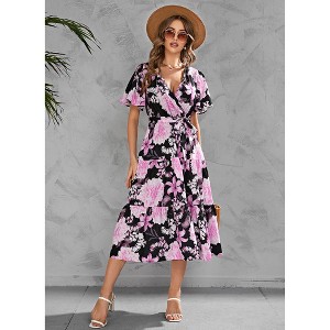 Coolmee Women's Floral Boho Ruffle Summer Midi Dress Short Sleeve V Neck Empire  Waist Swing Flowy Dress Black XL : Target