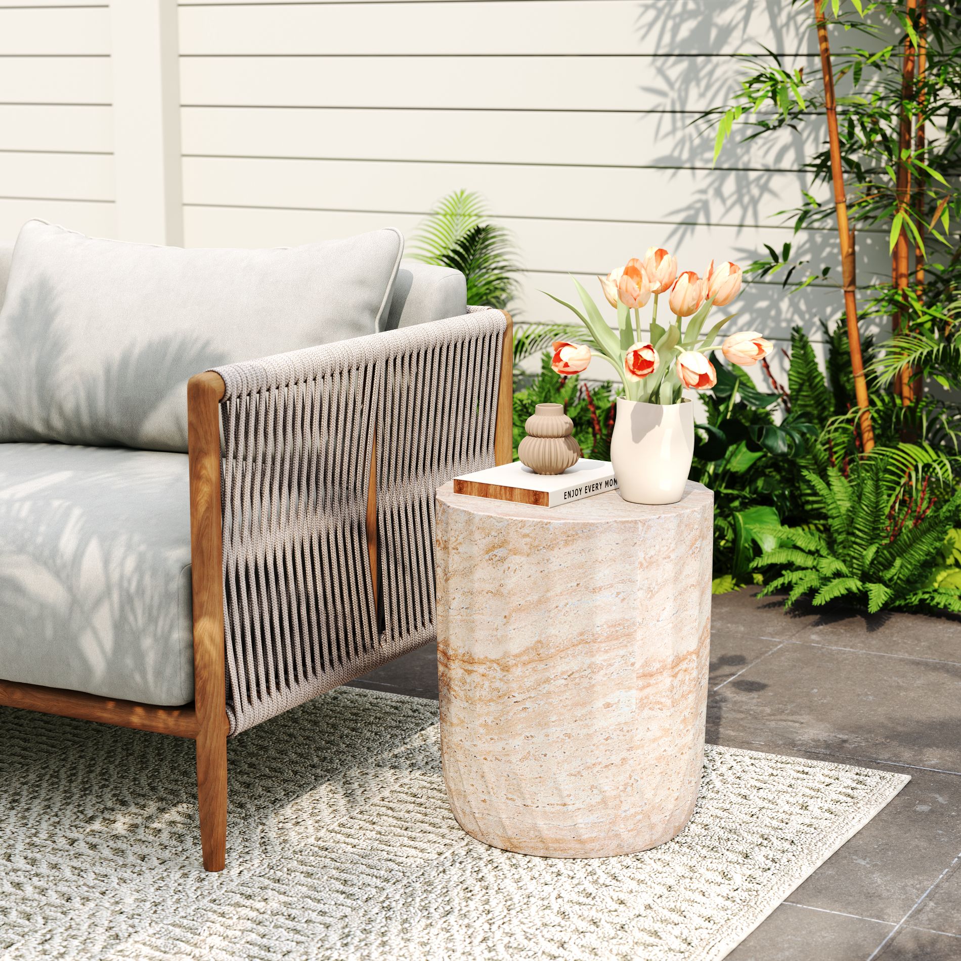 Christopher Knight Home Gillian Outdoor Cylinder Shape Lightweight Concrete Side Table, Travertine Pattern, Round Drum