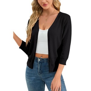 Coolmee Women's Cropped Cardigan 3/4 Sleeve Lightweight Crochet Shrug Hollowed Out Knit Sweater Tops - 1 of 4