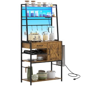 Coffee Bar with LED Lights, USB Charging Station, 8 Storage Hooks, Wine Rack, Drawer, Microwave Stand, and Barn Door Cabinet - 1 of 4
