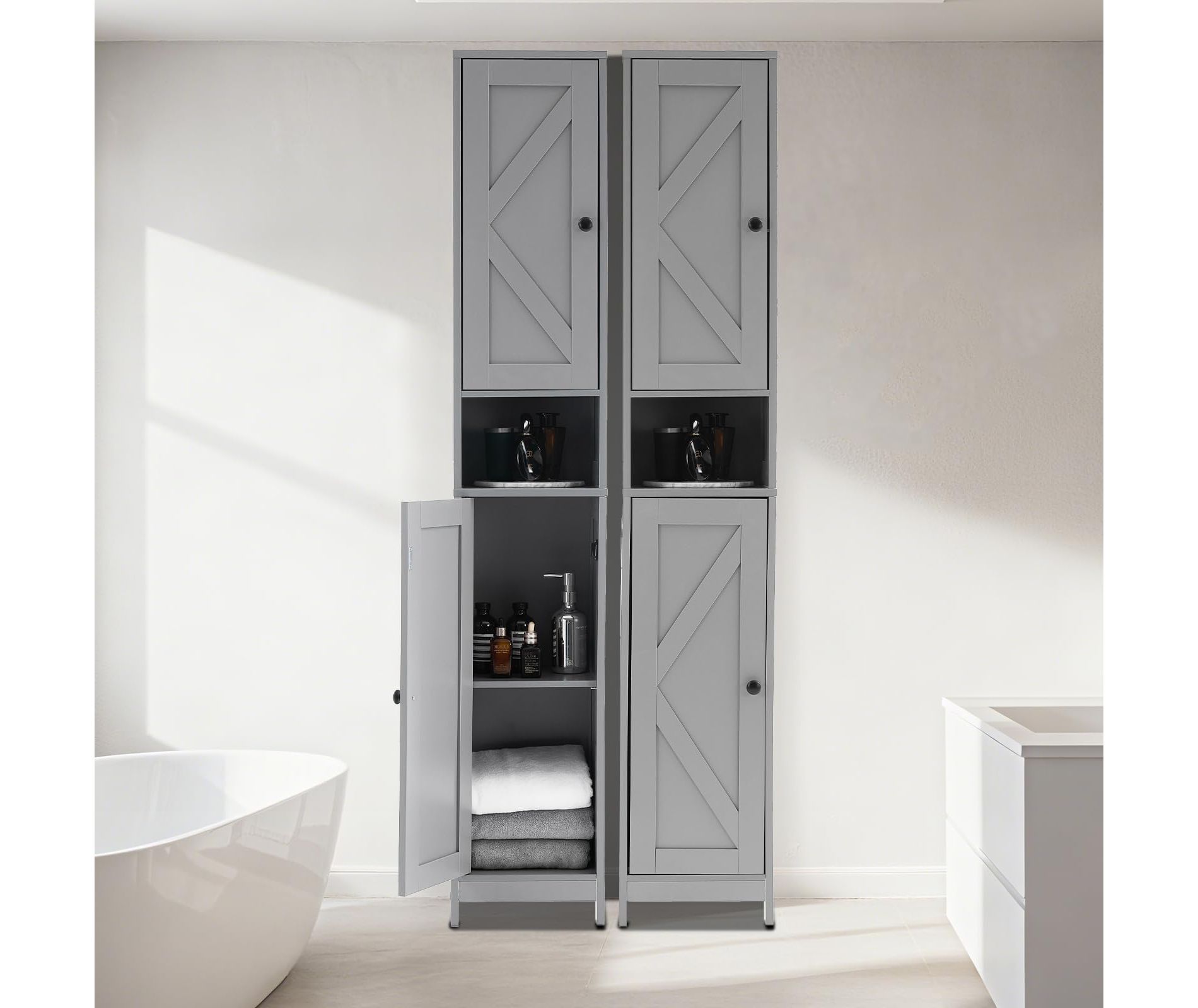COZONY Tall Freestanding Storage Cabinet, Narrow Organizer w/ Sliding Doors, Drawer & Adjustable Shelves