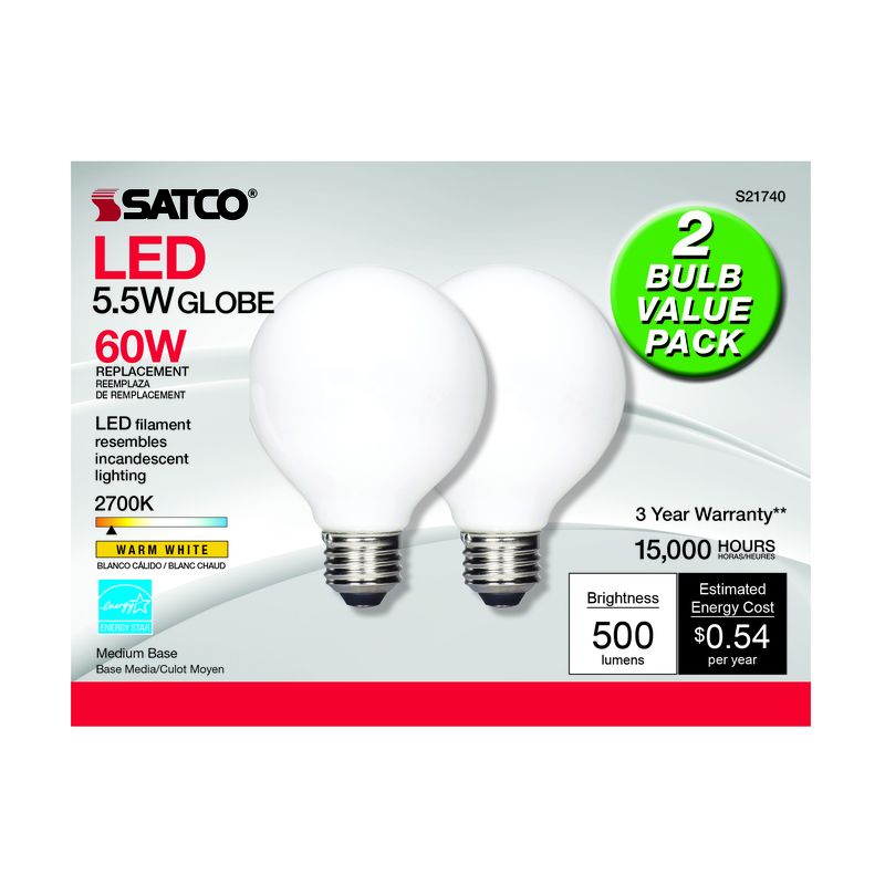Satco . G25 E26 (Medium) LED Bulb Warm White 60 Watt Equivalence 2 pk, 1 of 2