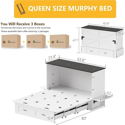 PAKASEPT Queen Murphy Bed, Murphy Cabinet Bed with Storage & Charging Station, Bed Frame with Foldable Panel and Hidden Space, for Bedroom/Guest Room