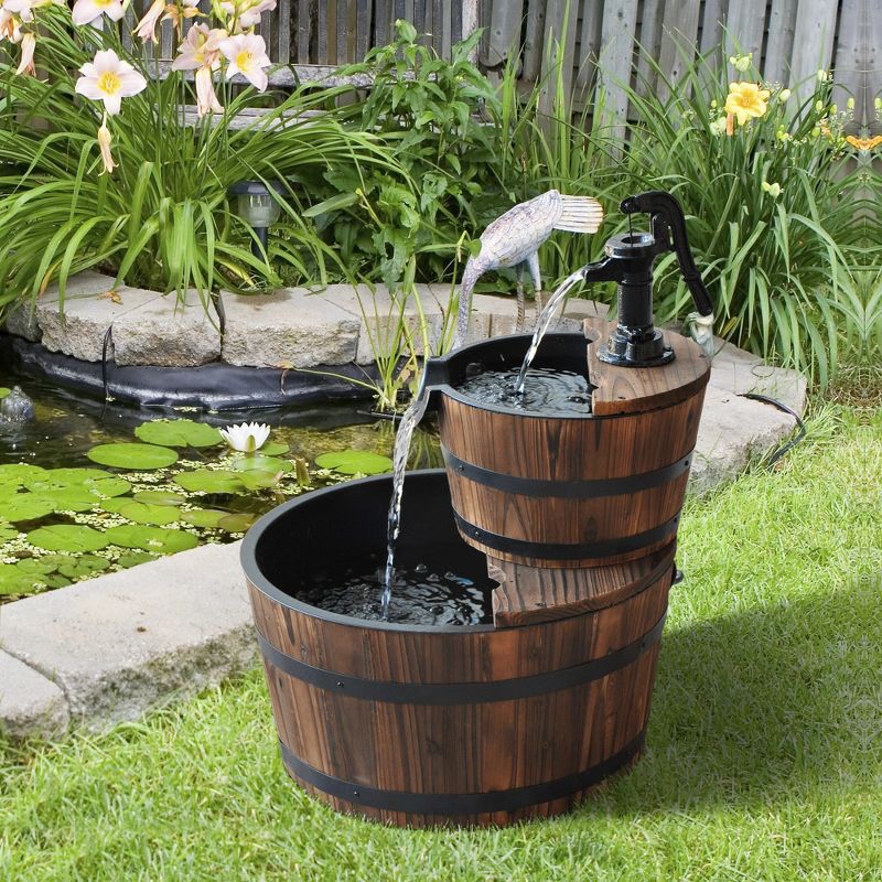 Outsunny Wood Freestanding Fountain with 2 Tier Waterfall Barrel, Electric Pump for Garden Decor, Lawn, Backyard, 2 of 7