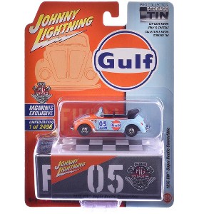 1975 Volkswagen Super Beetle Convertible #05 "Gulf Oil" Light Blue and Orange 1/64 Diecast Model Car by Johnny Lightning. - 1 of 1