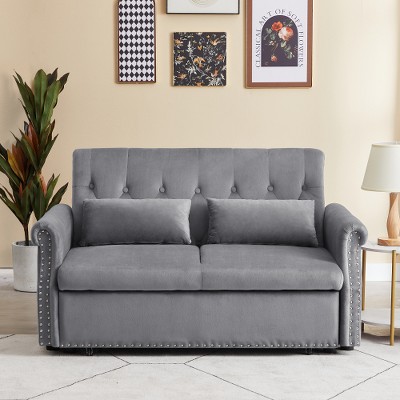 55in Modern Convertible Loveseat Sleeper Sofa Couch w/ 2 Lumbar Pillows, Adjustable Pull-Out Bed and Removable Armrest for Living Room, Apartment