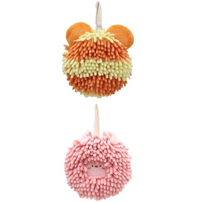 REGALWOVEN 2 Packs Chenille Fuzzy Cute Bear Shape Decorative Soft Absorbent Hanging Ball Hand Towels 7" x 7"