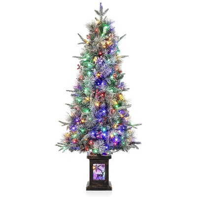 4.5ft Prelit Artificial Christmas Trees w/Warm Lights & Clusters Red Berry, Artificial Potted Xmas Tree w/8 Lighting Modes, Elk Base
