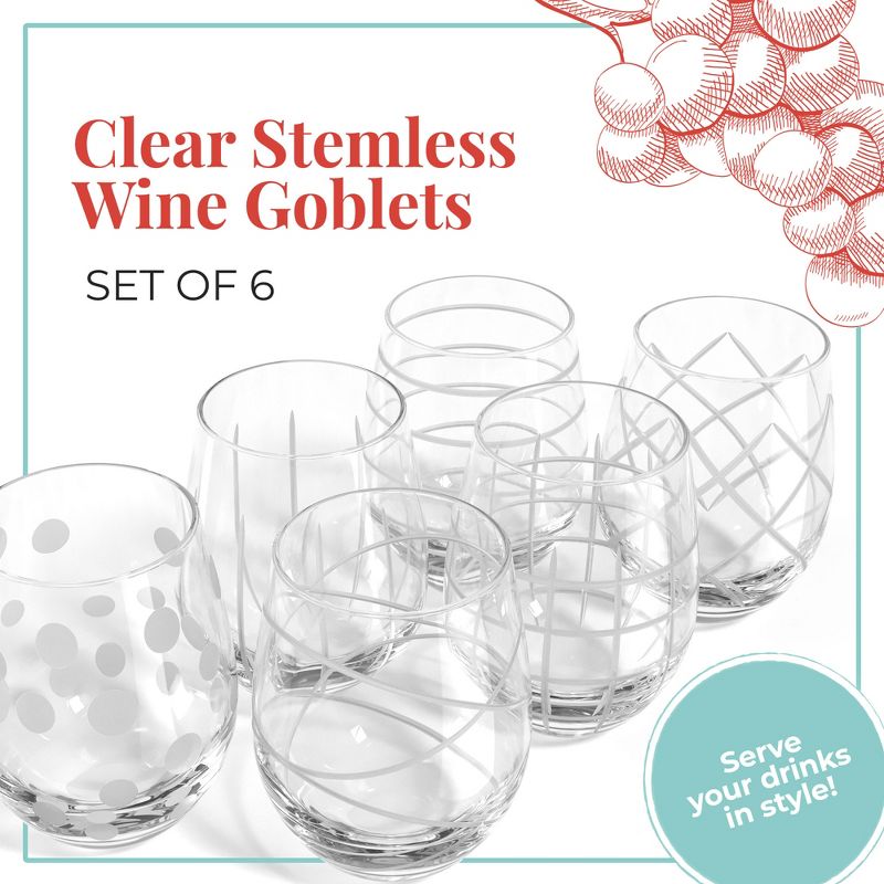 Fifth Avenue Medallion Stemless Wine Crystal Glass Set of 6, 17 oz, Various Etched Patterns, Texture Goblet Cups, Stemless Goblets for Wine, 2 of 8