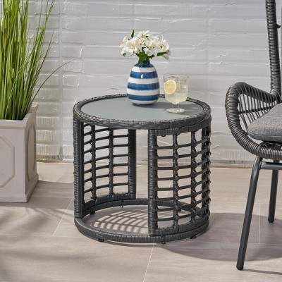 Boho Rattan Side Table with Tempered Glass Top,Round Accent Table for Living Room,Entryway or Sofa-Maison Boucle