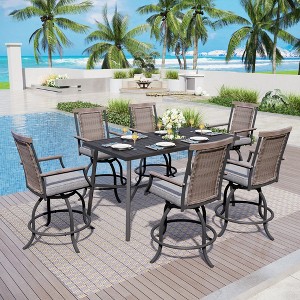 Captiva Designs 7pc Outdoor Patio Slatted Top Rectangle Metal Bar Table & Steel Swivel Bar Stools - 1 of 4