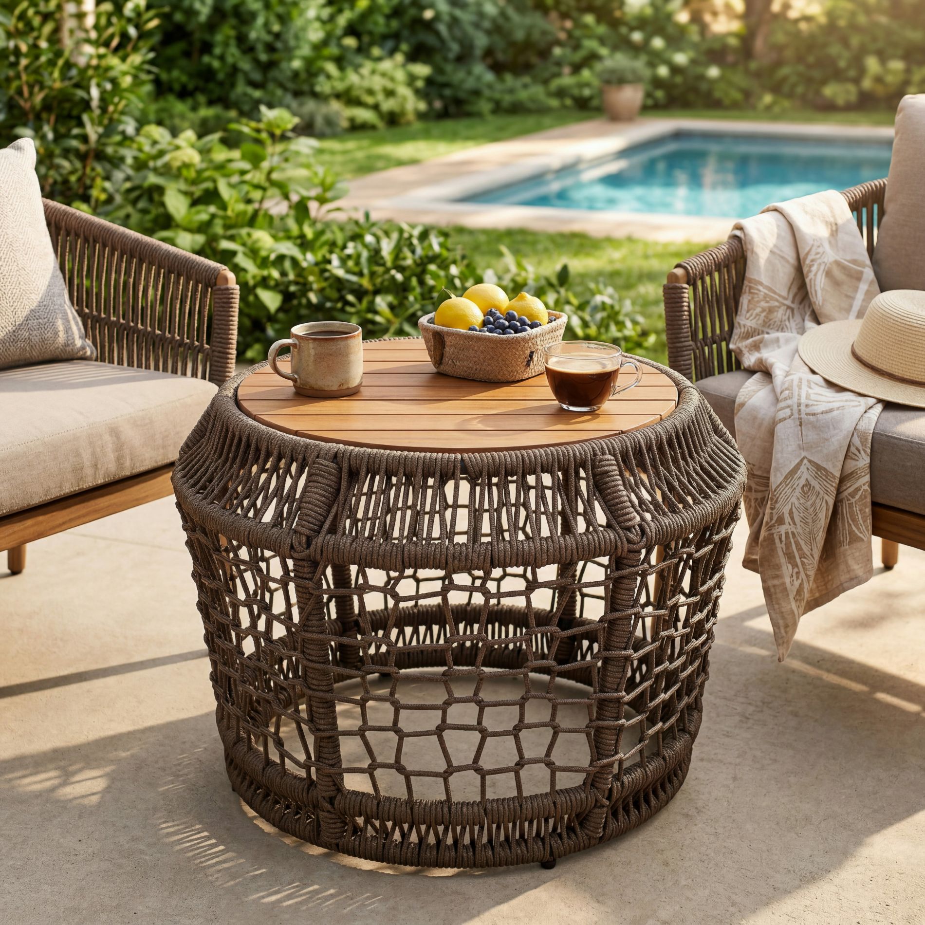 25.59"W Round Side Table with Woven Rope Base, Acacia Wood Outdoor Accent Table, Weather-Resistant Patio End Table, Gray - ModernLuxe