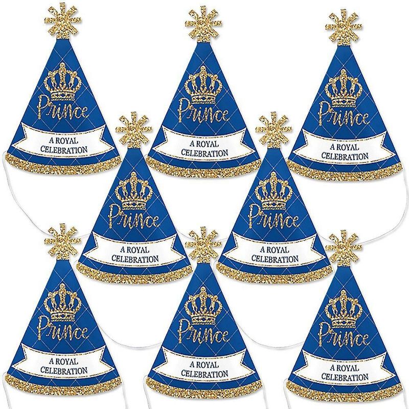 Big Dot of Happiness Royal Prince Charming - Mini Cone Baby Shower or Birthday Party Hats - Small Little Party Hats - Set of 8, 1 of 9