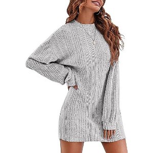 Ekouaer Women's Nightgown Long Sleeve Ribbed Knit Nightshirt Round Neck Sleep Shirt Soft Sweater Dress - 1 of 4