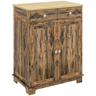 HOMCOM Kitchen Storage Cabinet, Sideboard Floor Cupboard with Solid Wood Top, Adjustable Shelf, and 2 Drawers for Living Room