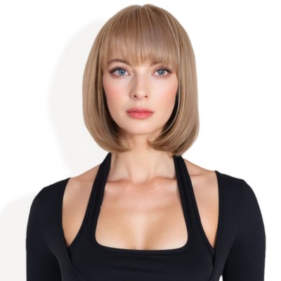 Alilang Women Ombre Brown 10" Bob Wig with Bangs Heat Resistant Synthetic, Natural Straight Bob for Daily Use-Light Brown