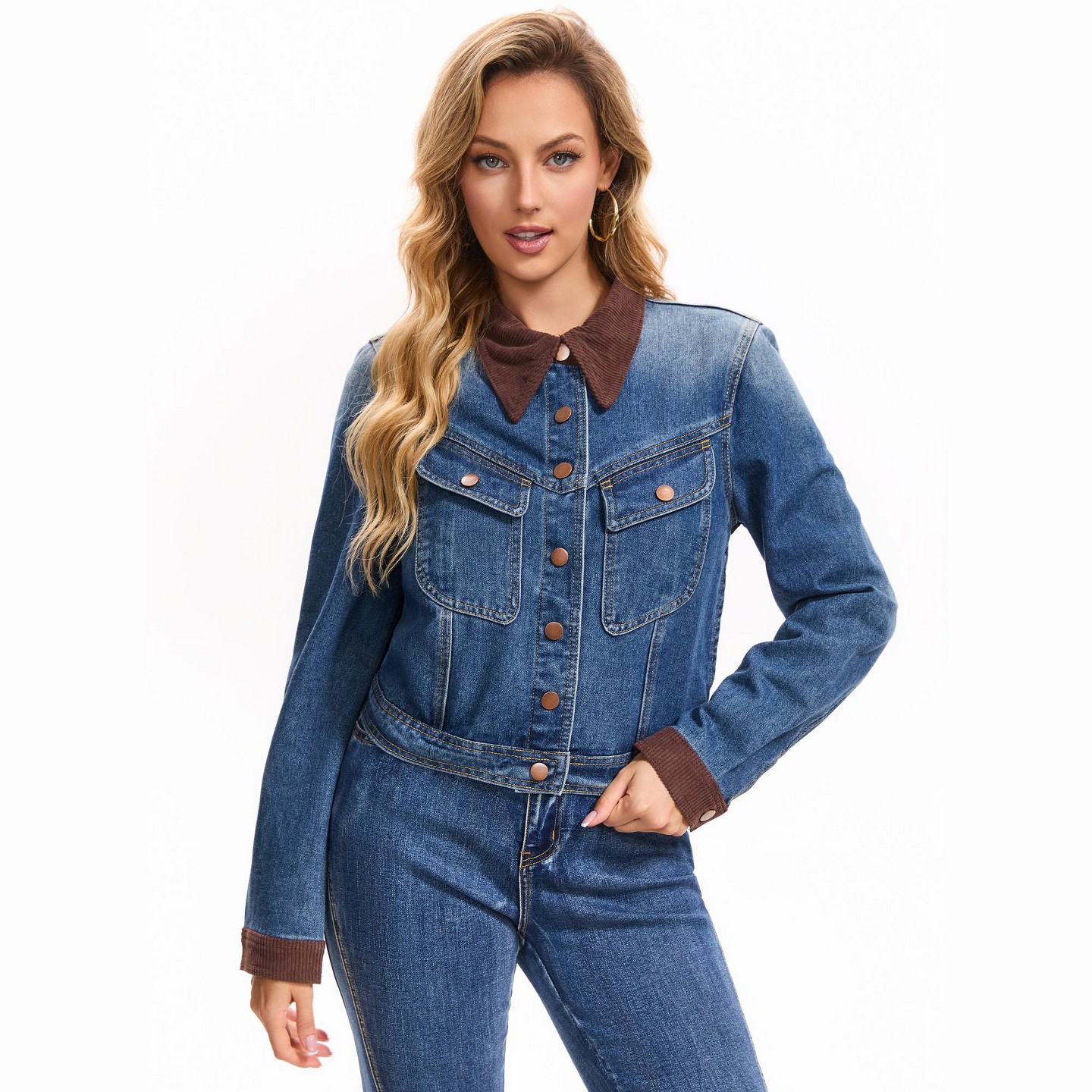 Женские куртки INSPIRE CHIC Jean Trendy Button Down Corduroy Collar Barn Jackets Denim Shacket Small Deep Blue, цвет: Джинсовый — фото 2