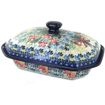 Blue Rose Polish Pottery Day Lily Bouquet Medium Covered Baking Dish