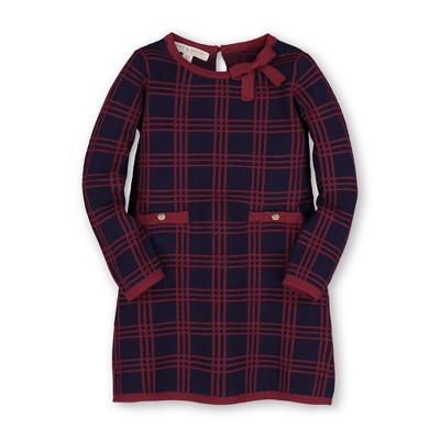 Image of Hope & Henry Girls' Bow Detail Sweater Dress (Navy and Berry Plaid, 3-6 Months)