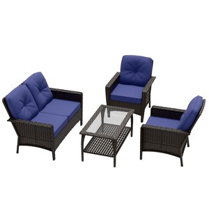 EAGLE PEAK 4 Piece Patio Rattan Furniture Conversation Set, Wicker Outdoor Couch and Chairs Set with Coffee Table - 1 of 4