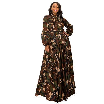 L I V D Women's Camo Bella Donna Dress with Ribbon and Puffed Out Sleeves
