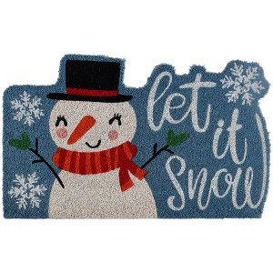 HomeRoots 18" X 30" Blue and White Coir Snowman Outdoor Winter Door Mat - 1 of 4