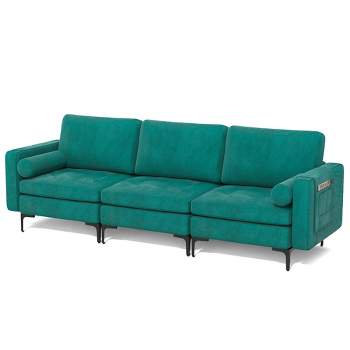 Costway Modern Modular 3-Seat Sofa Couch w/ Side Storage Pocket & Metal Leg Teal