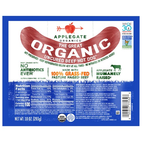 Applegate Grassfed The Great Organic Uncured Beef Hot Dog - 10oz : Target